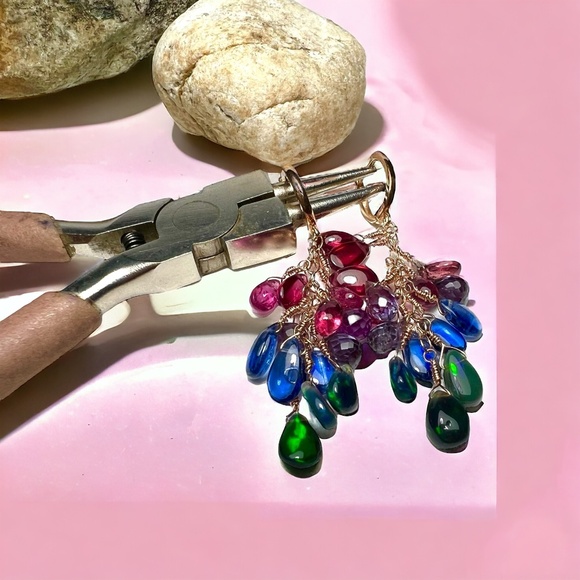 Natural Rainbow Gemstone: Opal Tourmaline Ruby Earrings in Solid 18K Rose Gold - Picture 2 of 15